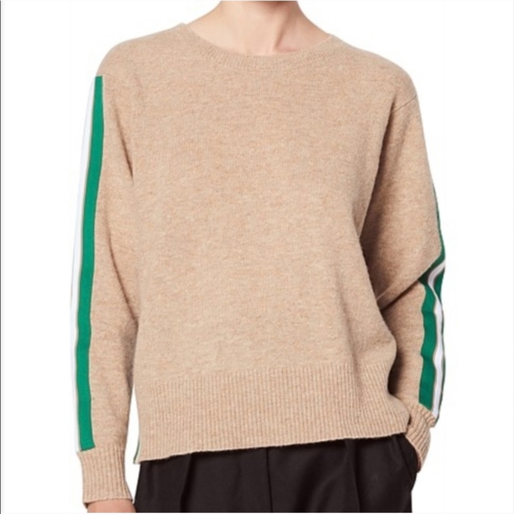Sandro amour tan brown green white stripe long sleeves crewneck wool sweater top - Picture 3 of 13